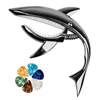 ESJNNK Capo Shark Shape Guitar Capo One Touch Guitar Capo Tast Alloy для с 6 медиаторами Прочный черный акустическая/электрическая гитара/укулеле чёрный