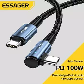 Essager 100 Вт кабель USB Type C к USB C угол 90 градусов для iPad MacBook Pro Xiaomi Samsung Huawei быстрая зарядка Type-C провод даты 1M 60W чёрный