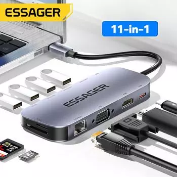 Essager 11 в 1 Usb C Hub 4K 30 Гц Type C Док-станция для Macbook Air Pro Адаптер-сплиттер для ноутбуков HDMI-совместимый Rj45 Gray 11 In 1 HUB