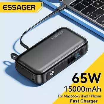 Essager Портативный внешний аккумулятор емкостью 15000 мАч с кабелем USB C, внешний запасной аккумулятор для iPhone, iPad, Macbook, 65 Вт, быстрое зарядное устройство 15000mAh чёрный