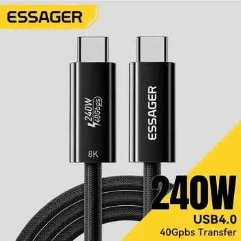Essager 240 Вт USB Type C кабель USB4.0 40 Гбит/с 8K 60 Гц для iPad MacBook ноутбук 5A PD3.1 сверхбыстрая зарядка для iPhone 16 15 Xiaomi 1m чёрный