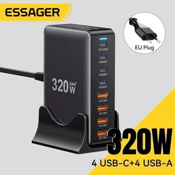 Essager 320W GaN Fast Desktop 8-портовое USB Type C PD зарядное устройство Быстрая зарядка для iPhone 16 15 14 13 Huawei Samsung Xiaomi Laptop iPad UK Plug чёрный