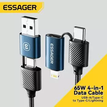 Essager 4 в 1 USB-кабель типа C, 65 Вт PD, провод для быстрой зарядки, кабель типа C-C для IPhone 15 14 13 Pro Max IPad HUAWEI Xiaomi 0.3M чёрный