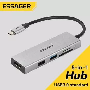 Essager 5 в 1 USB C HUB HDMI-4K док-станция разветвитель для Macbook адаптер для ноутбуков USB 3.0 Type C серый