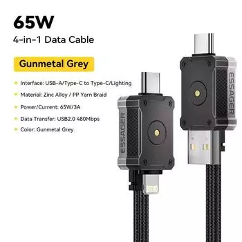Essager 65 Вт 4 в 1 USB C кабель Mecha быстрая зарядка кабель для iPhone 16 15 14 Xiaomi Macbook Type C многопортовый провод для быстрой зарядки 0.25m чёрный