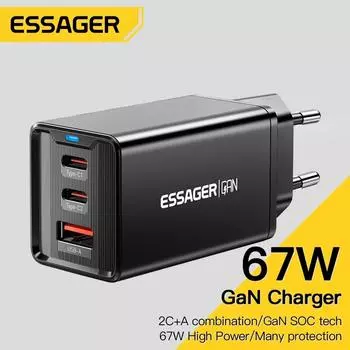 Essager 67 Вт GaN USB зарядное устройство для быстрой зарядки QC3.0 PD PPS USB Type C зарядное устройство для IPhone 15 14 Macbook ноутбук iPad Xioami Samsung S23 UK Plug белый