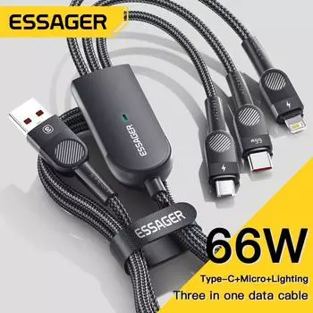 Essager 6A 66W 3 в 1 USB Type C Кабель Micro USB Провод для iPhone 14 13 12 Pro Max Samsung Xiaomi Huawei POCO Шнур для передачи данных мобильного телефона 1.2m чёрный