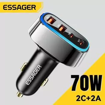 Essager 70 Вт 4 в 1 Автомобильное зарядное устройство Super Fast PD3.0 QC3.0 Адаптер автомобильного зарядного устройства для iPhone 14 13 12 Pro Max Зарядное устройство для прикуривателя