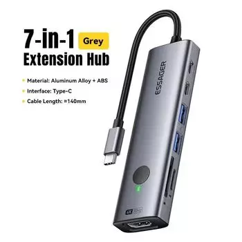 Essager 7 в 1 Type C - USB 3.0 концентратор док-станция расширения адаптер Type C - 4K@30Hz HDMI PD100W зарядная док-станция поддержка чтения SD/TF 7-in-1 USB Hub серый