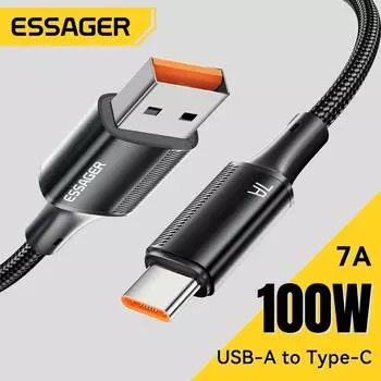 Essager 7A USB Type C кабель для Realme Huawei P40 Pro 100 Вт быстрая зарядка кабель USB-C зарядное устройство дата-кабель для Samsung Xiaomi Poco F3 1m синий