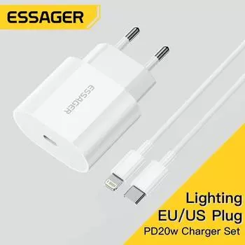 Essager Lightning Cable Chargers For iPhone PD 20W USB C Charger Set For iPhone 14 13 12 iPad Pro Max Type C Fast Charge Kit EU Charger+iPhone Cable белый