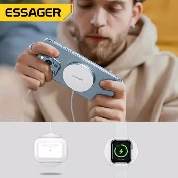 Essager Магнитная индукция Беспроводное зарядное устройство Qi 3 в 1 Подставка для быстрой зарядки телефона для Iphone14 Airpods Pro Apple Watch Ios Macsafe 15W White