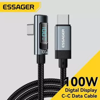 Essager PD100W Кабель USB Type C к USB C 5A Кабель для быстрой зарядки 90 ° Кабель цифрового светодиодного дисплея для компьютеров и мобильных телефонов 1M чёрный