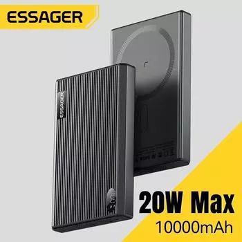 Essager PD 20 Вт 10000 мАч Тонкий беспроводной внешний аккумулятор Магнитный портативный быстрозарядный внешний аккумулятор для iPhone16 15 14 13 10000mAh серый