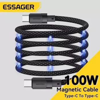 Essager USB C-C 100 Вт Магнитный кабель для быстрого зарядного устройства для iPhone 15 65 Вт Тип C-C Провод для зарядки данных для ноутбука Samsung 1m C-C 60W чёрный