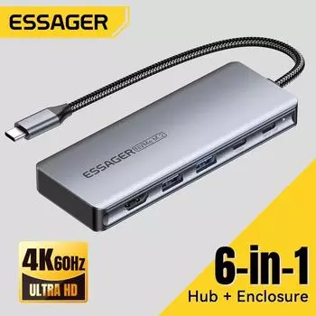 Essager USB C Hub с корпусом для жесткого диска M.2 SSD 6/7 в 1 PD100W USB3.2 10 Гбит/с HDMI USB Type C адаптер для Macbook Pro Air PC 6 in 1 HUB серый