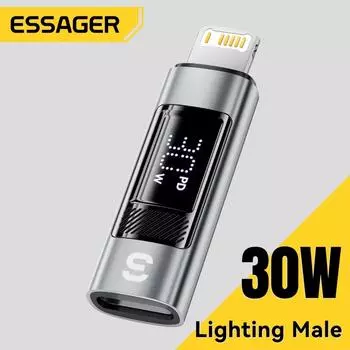 Essager USB C to Lighting Adapter для iPad 30 Вт Цифровой дисплей OTG Converter для iPhone15 14 13 12 Lightning To Type-C Connector 60W Type-C Male серый