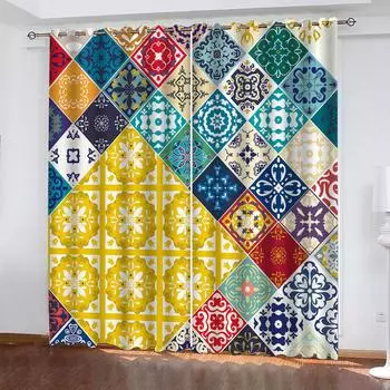 Ethnic Art Flower Digital Print 3D Pattern Shade Curtains 2 Panel Luxury Classical Living Room Bedroom Window Decor Curtains W70xH160cmx2&Grommet Top