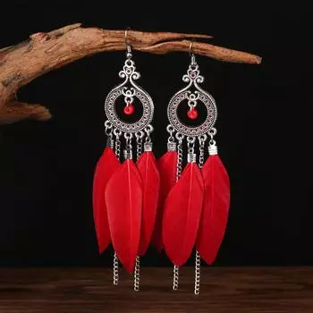 Ethnic Style Feathers Red Earrings Bohemian High-End Long Chain Fringed Earrings Jewelry Women красный