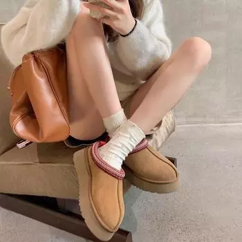 Ethnic style thick-soled fluffy slippers women s 2024 new fur integrated lazy bag head half-tow Tats snow boots 39 малиновый