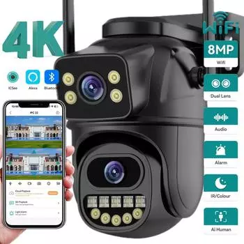 EU 4K 8MP WIFI PTZ IP-камера с двойным объективом и двойным экраном Ai Human Auto Tracking Color Nightvision ICsee Уличная камера наблюдения