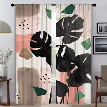 Eucalyptus Fan Palm Window Curtain for Room 2 Panel Shades Modern Living Room Curtains for Camera Halloween Decoration Partition W50xH70cmx2pcs-CL