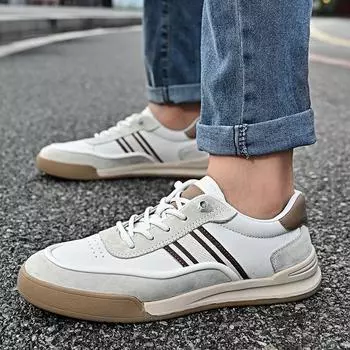 Europe New Shoes for Men Genuine Leather Casual Shoes Striped Flat Skateboard Shoes Fashion Slip-on Sneaker 38 бежевый