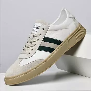 Europe New Shoes for Men Genuine Leather Casual Shoes Striped Flat Skateboard Shoes Cow Leather Lace-up Sneaker 38 чёрный