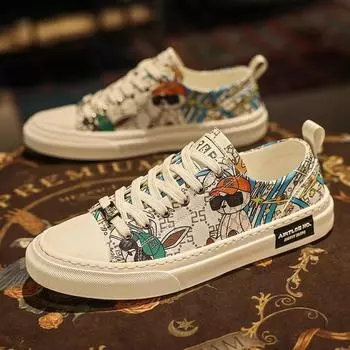 Europe New Shoes for Men Leather Casual Shoes Trend Print Flat Skateboard Shoes Cool Lace-up Leather Sneakers 38 бежевый