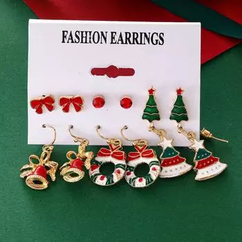 European & American Christmas Earrings Set - 6-Piece: Tree, Bell, & Bow Designs CK0570 золотой