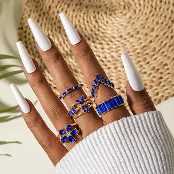 European and American fashion simple diamond-set flower openwork ring geometric design butterfly ring five-piece set