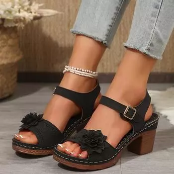 European and American new large-size high-heeled sandals large flower decoration one-word buckle with thick heel medium heel women s sandals 36 синий