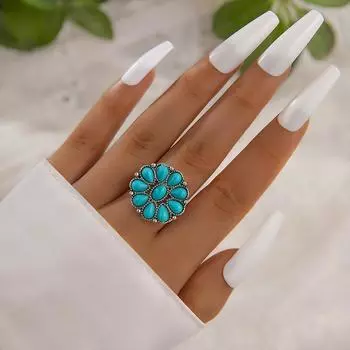 European and American popular accessories Retro ethnic style turquoise elephant geometric graphic 7-piece silver ring set