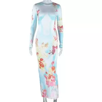 European and American Style Fashionable Printed Round Neck Pullover Long Sleeved Dress with Buttocks Wrapped Long Skirt, Street Style Casual Dress L синий