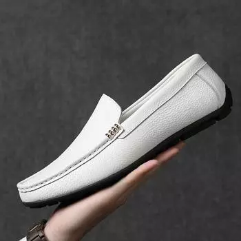 European station first layer cowhide Doudou shoes men s casual leather shoes soft sole soft surface summer breathable versatile overalls men s shoes 38 белый