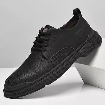European Station Genuine Leather Punching Summer Breathable Men s Strap Casual Versatile Korean Version Breathable Cool Leather Shoes 2025 New 37 чёрный