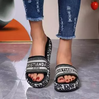 European Station platform slippers 2025 new summer small fragrant style letter one-word drag large size slope heel casual wear drag 35