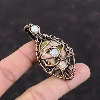 Evil Eye Copper Pink Opal Pendant Copper Wire Wrapped Pendant Moonstone Gemstone Jewelry Handmade Pendant Gift For Women Copper Wire Jewelry