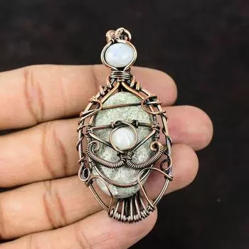 Evil Eye Fossil Coral Gemstone Copper Wrapped Pendant Rainbow Moonstone Handmade Pendant Evil Eye Jewelry Gift For Mother Designer Jewelry