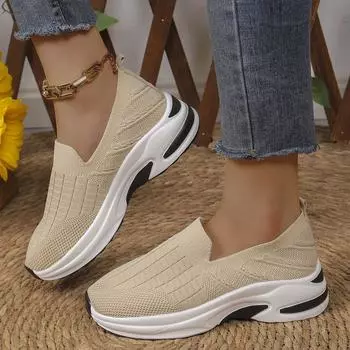 Европа и США Большие ярды обувь Повседневная Flyknit Set Foot Весна и осень Одиночные туфли Женские Новые Толстые Нижние Склоны с Женской Обувью 36 бежевый