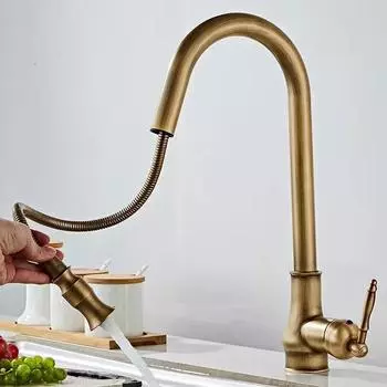 Европейский стиль античный матовый золотой медный выдвижной кухонный кран для горячей и холодной воды - мойка для овощей gourd pull-out золотой