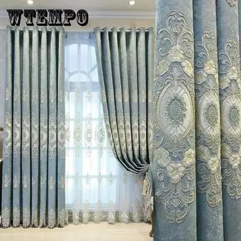 Европейский стиль синель с вышивкой затемняющие шторы гостиная спальня окно эркер шторы штанга 210*270cm*2pcs синий