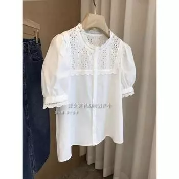 Excellent Workmanship and Style! High Quality Push ~ French High Cotton Stitching Lace Slim Looking Puff Sleeve Shirt Female White L