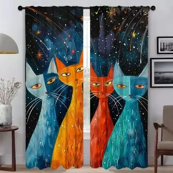Exotic Cat Kitchen Curtains for Living Room Tulle for Bedroom Window Curtain Shades Partition Halloween Decoration Blackout Home W50xH70cmx2pcs-CL