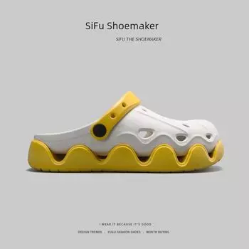 Export Fancy Hole Shoes Baby Boy and Girl Summer Outdoor All-Matching Color Matching Toe Cap Slipper Eva Shit Feeling Driving Sandals White yellow 36-37