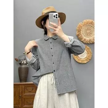 Export Spring & Fall Lapel Long Sleeves Double-Layer Cotton Yarn-Dyed Gingham Shirt Women s Casual Art Younger Bottoming Shirt Black XL