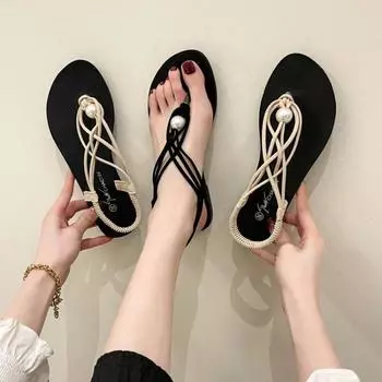 Exquisite Large Imitation Pearl Flip Flop Women Summer New Sandals Women s Beach Sandal Female Flat Casual Slippers Ladies Shoes 35 чёрный