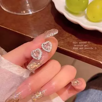 Exquisite Pink Zircon Peach Heart Earrings - Korean Style, Simple & Versatile for Women E5609 серебряный