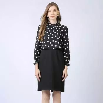 Exquisite Small European-Style Slim-Fit Plus Size Ladies Slim Looking Long-Sleeve Dress Black(Patchwork unlined) 3XL(80.00 kg-90.00 kg)
