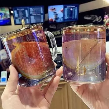 Exquisite Star Gradient Mug With Spoon Lid Luxurious Gold Tracing Glass Cup Cups and Mugs Mug for Tea Drinkware Cup of Coffee 301-400ml